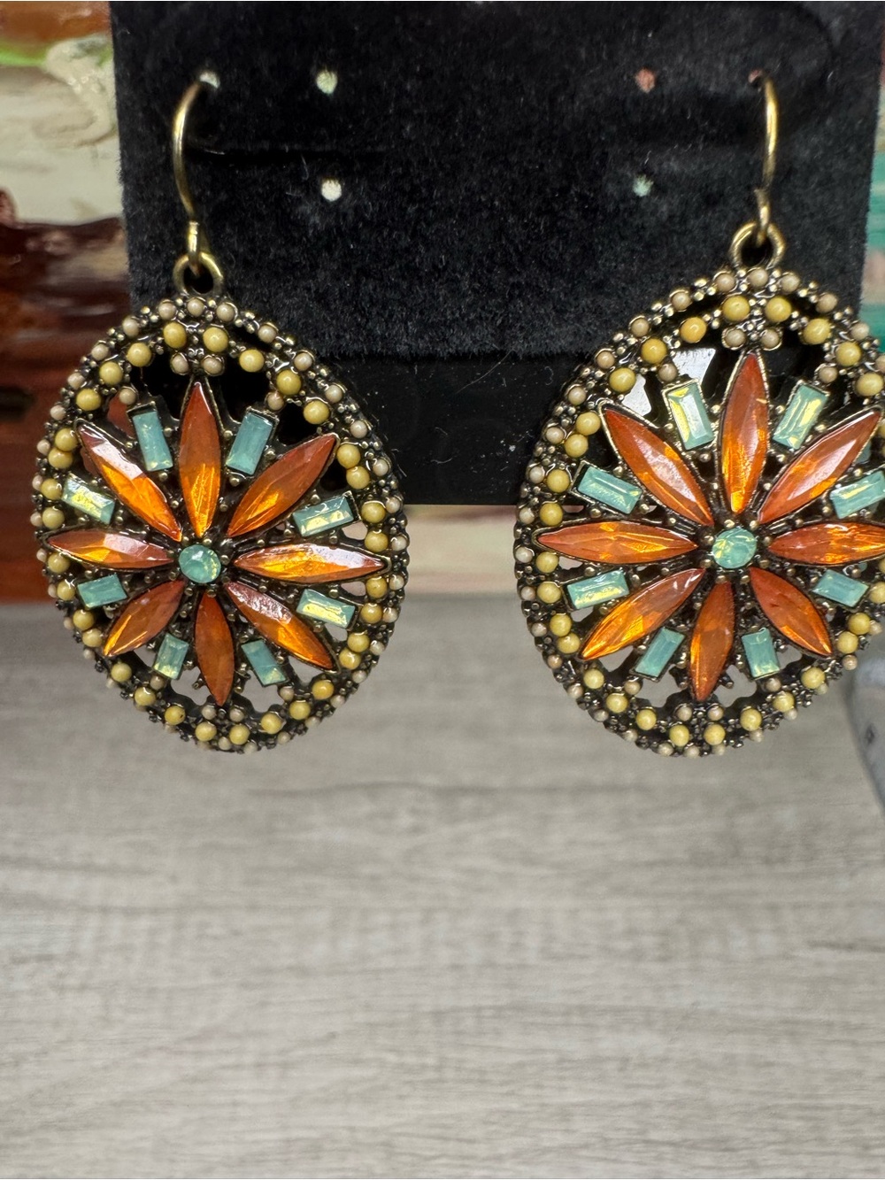 Vintage-Inspired Orange & Turquoise Floral Drop Boho Earrings - Picture 8 of 8